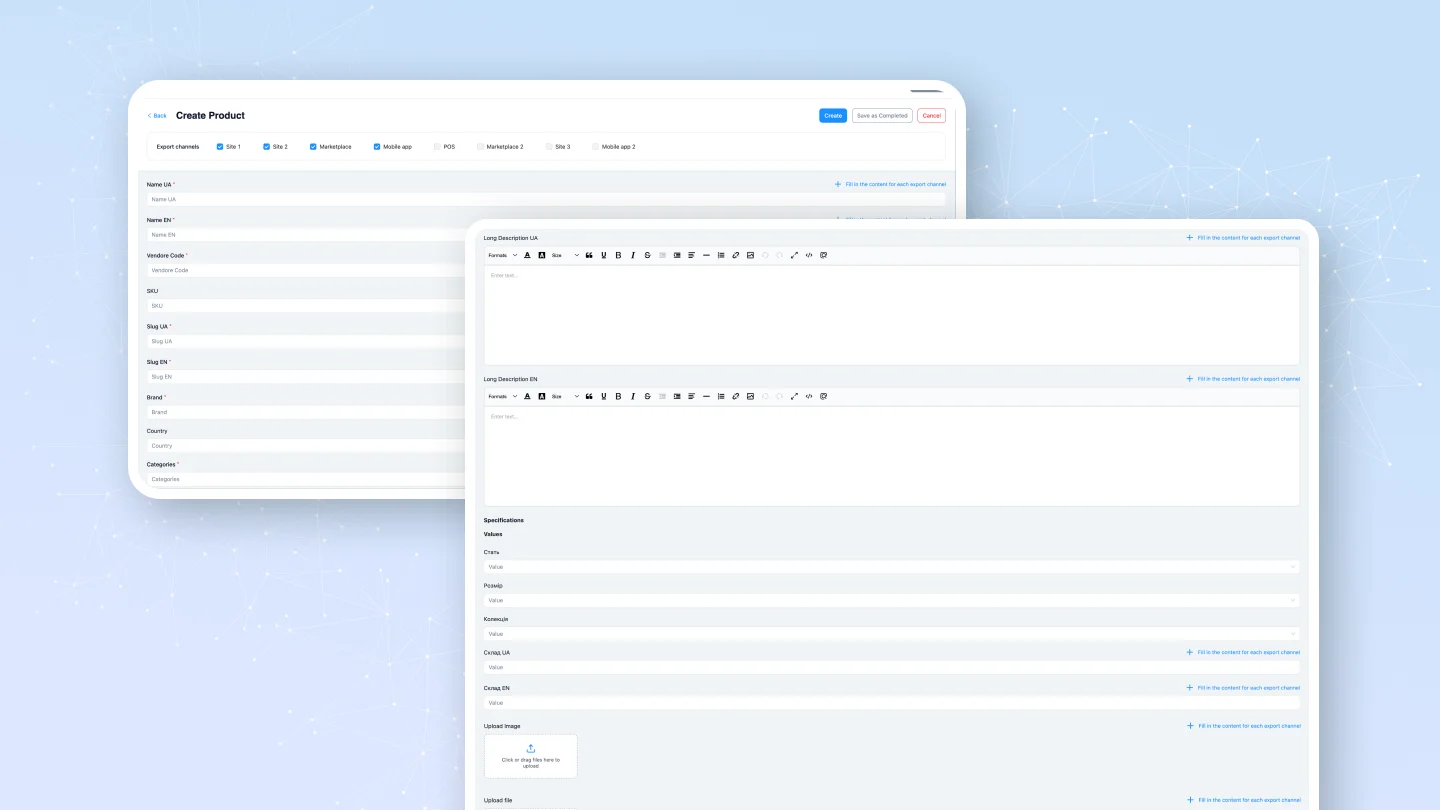 WebbyPIM - Product creation screen in the PIM system developed by WebbyLab