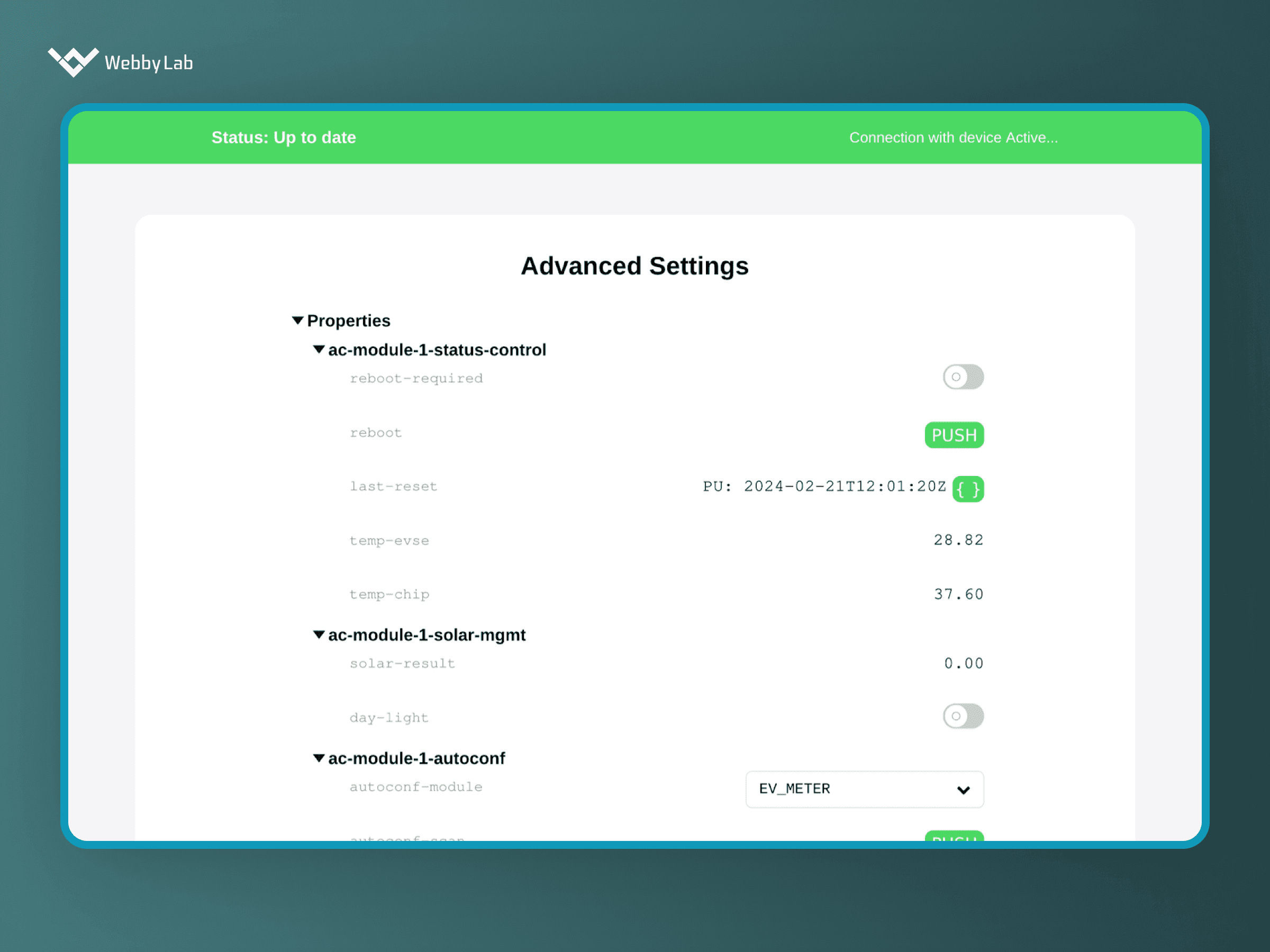 A control panel in IoT with management settings of MyBox charging stations