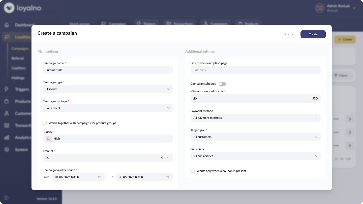 Loyalno - Create marketing campaign screen, Loyalty platform developed by WebbyLab