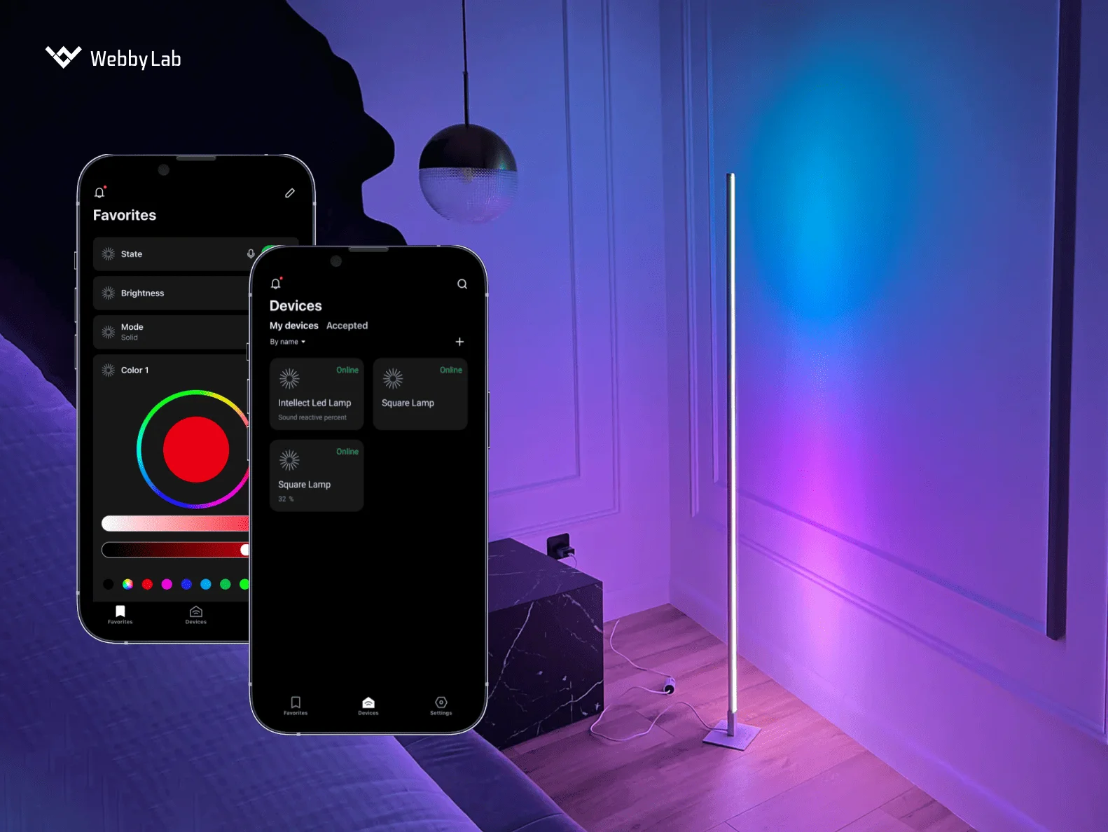 Managing consumer IoT devices, Intellect LED lamps, via a mobile app