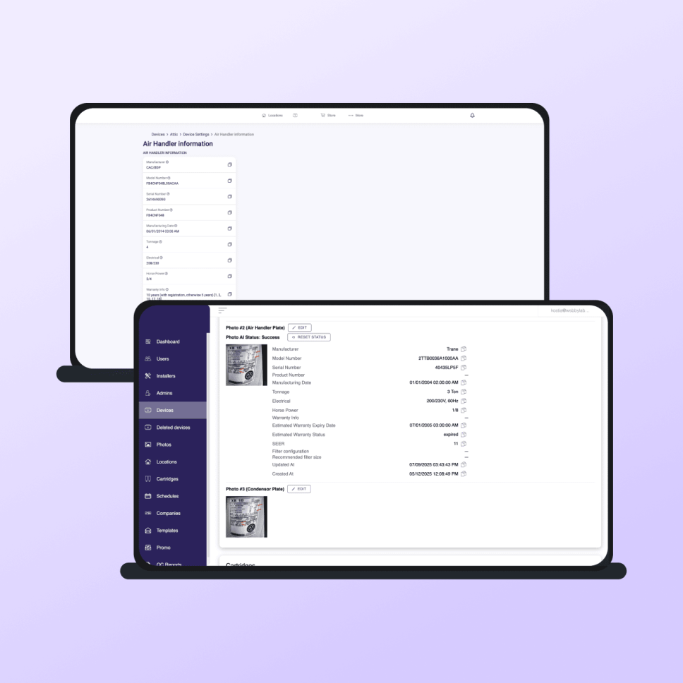 The admin panel of the AI-powered HVAC label recognition solution showing information on the analyzed devices