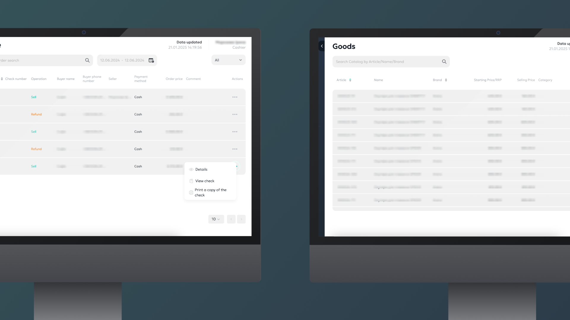 The Sales and Goods tabs in the cashier desktop app built by WebbyLab.