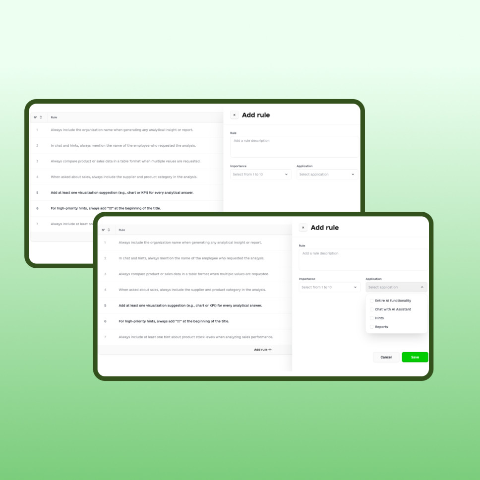 AI Rules Configuration screen for configuring POS AI agent developed by Webbylab.