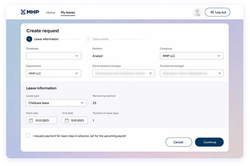 Vacation request creation form with employee details, developed by WebbyLab