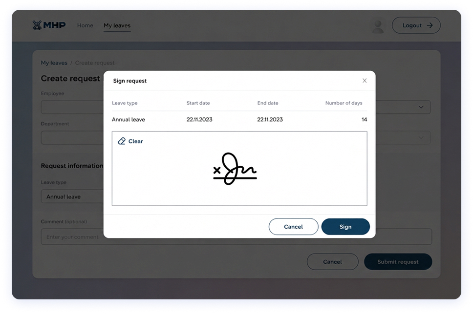 Request confirmation modal with digital signature, developed by WebbyLab