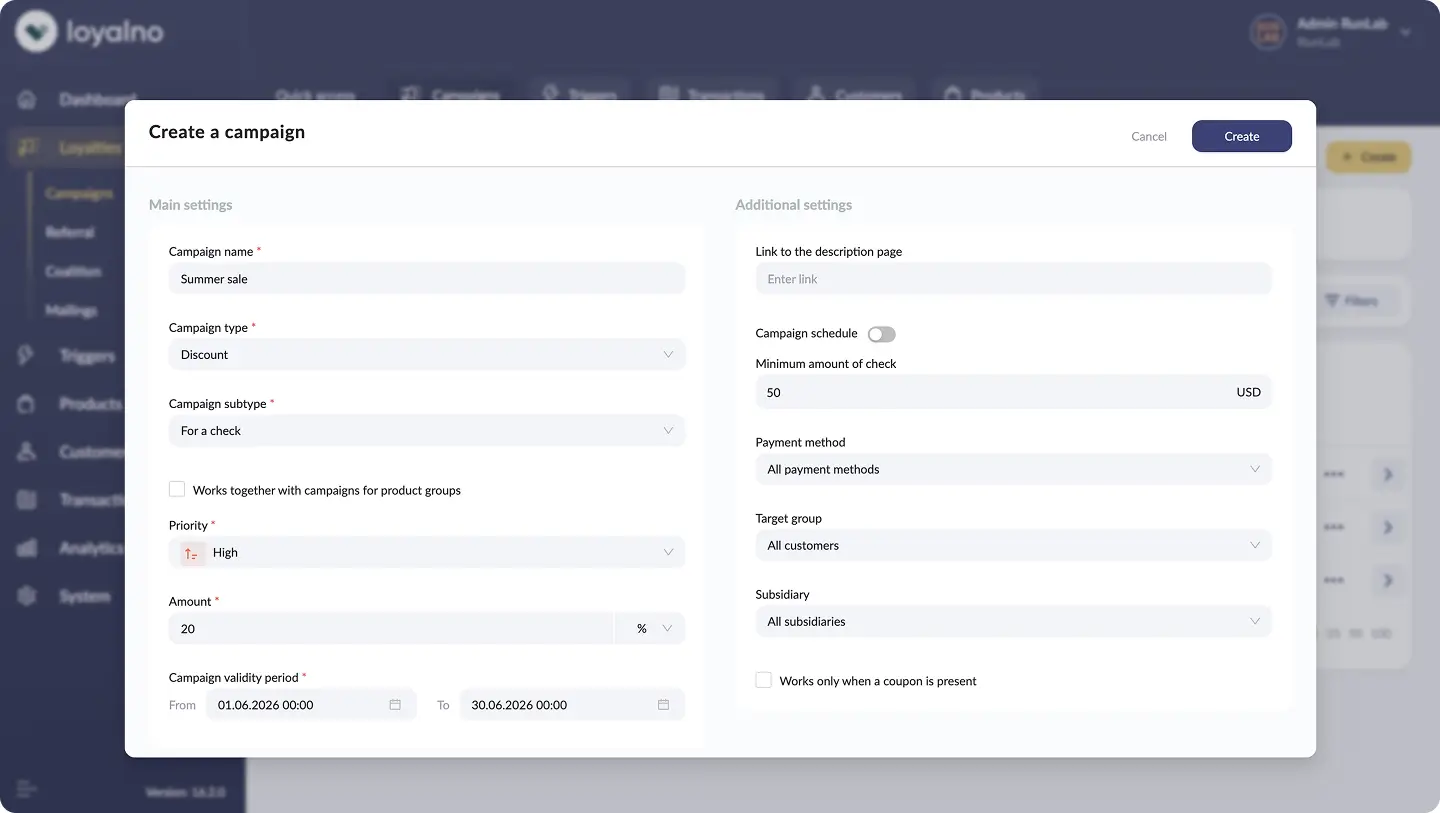 Loyalno - Create marketing campaign screen, Loyalty platform developed by WebbyLab