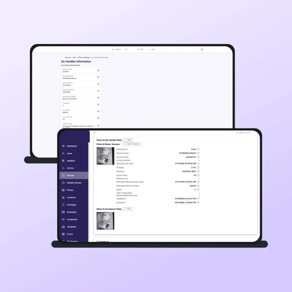 The admin panel of the AI-powered HVAC label recognition solution showing information on the analyzed devices