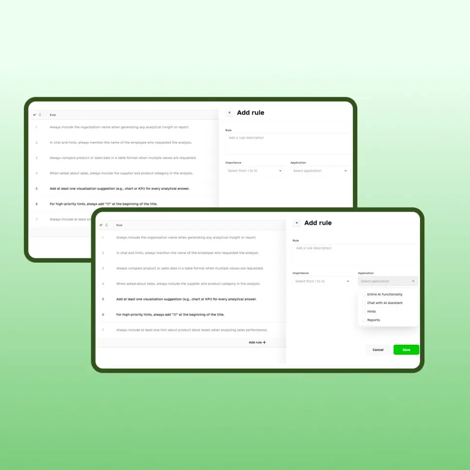 AI Rules Configuration screen for configuring POS AI agent developed by Webbylab.