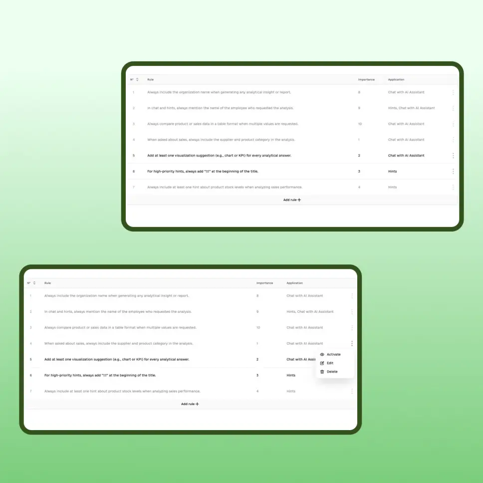 AI rules management screen for configuring POS AI agent developed by WebbyLab