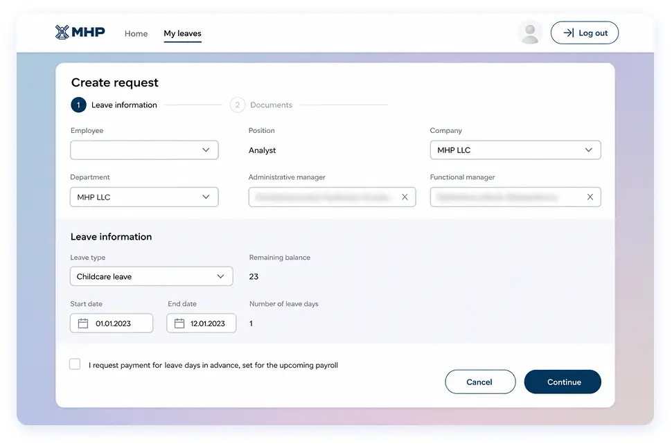 Vacation request creation form with employee details, developed by WebbyLab