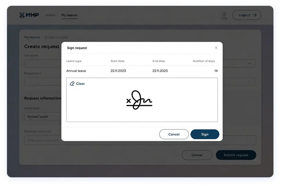 Request confirmation modal with digital signature, developed by WebbyLab